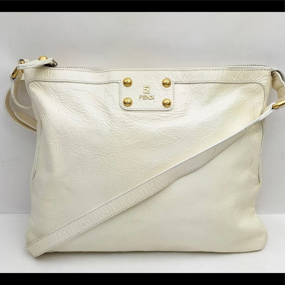 FENDI White Cream Leather Crossbody Shoulder Bag Purse Authentic